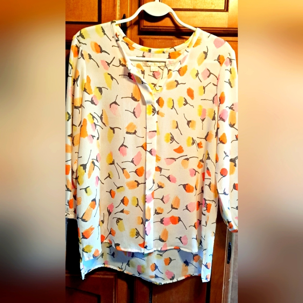Ladies C&E White Floral Crepe,Almost Sheer Blouson Peasant Top Small